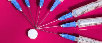 Syringes and pills on a dark pink background